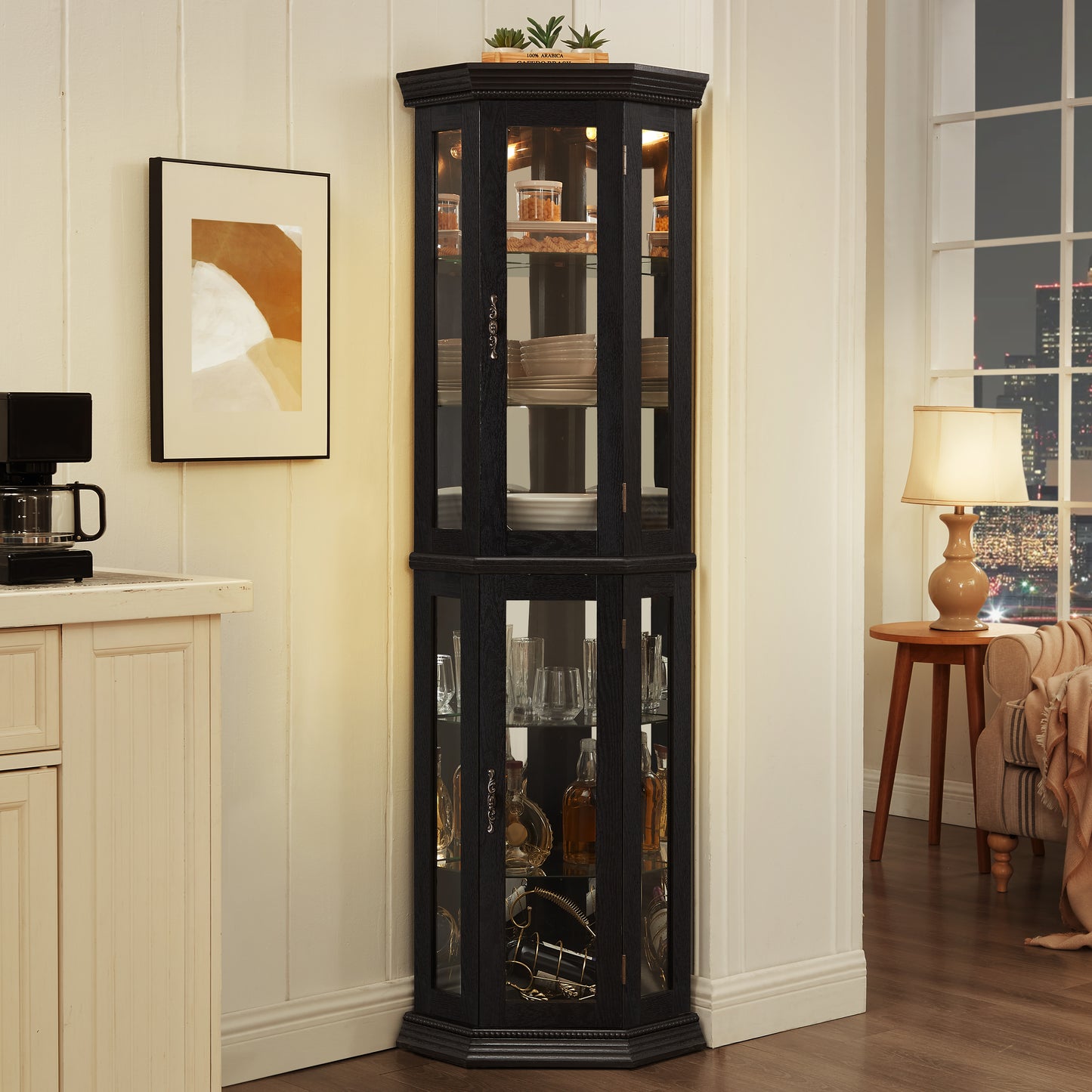Lighted Corner Curio Cabinet - Glass Display Shelf With Tempered