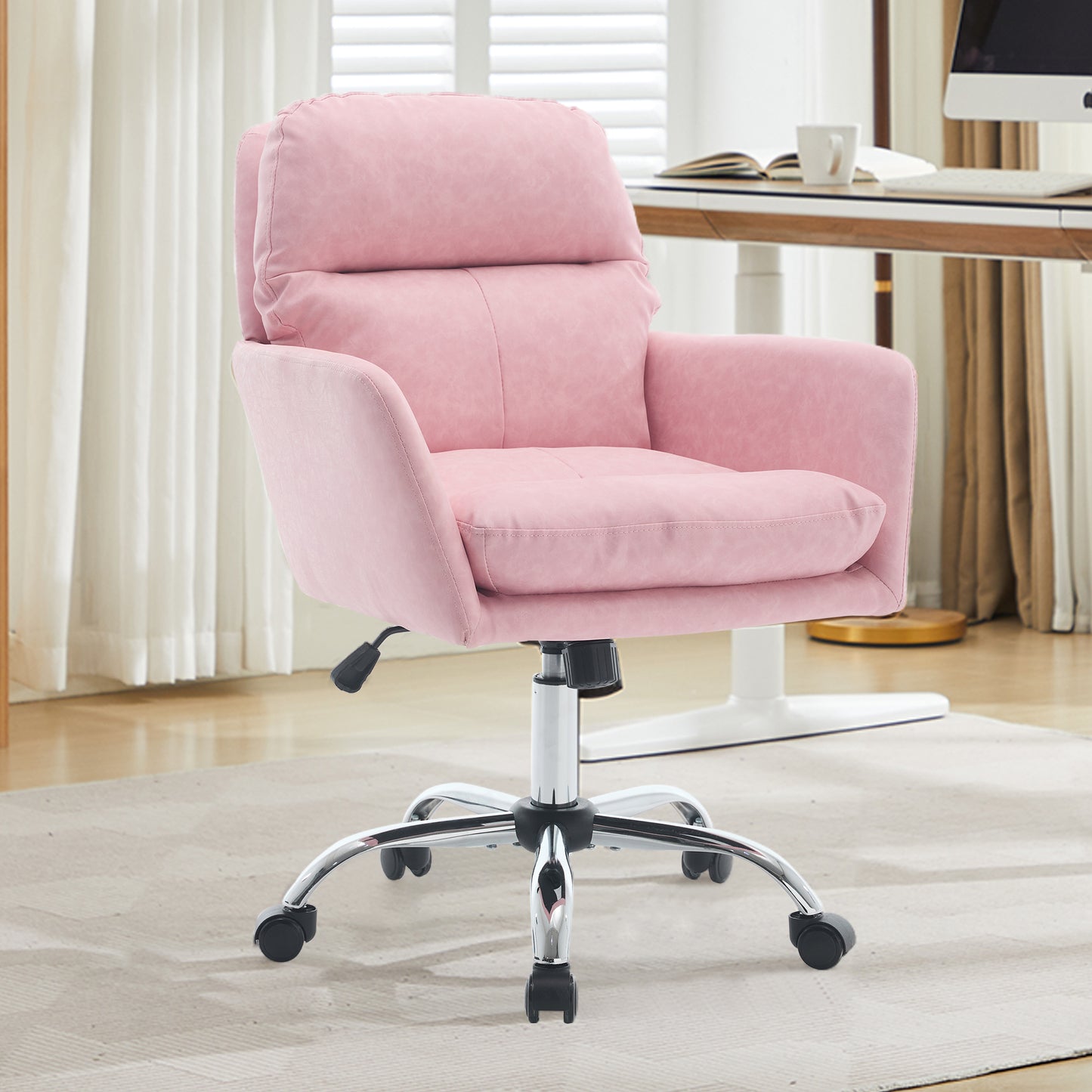 Pink Adjustable Office Chair with PU Leather and Black Base