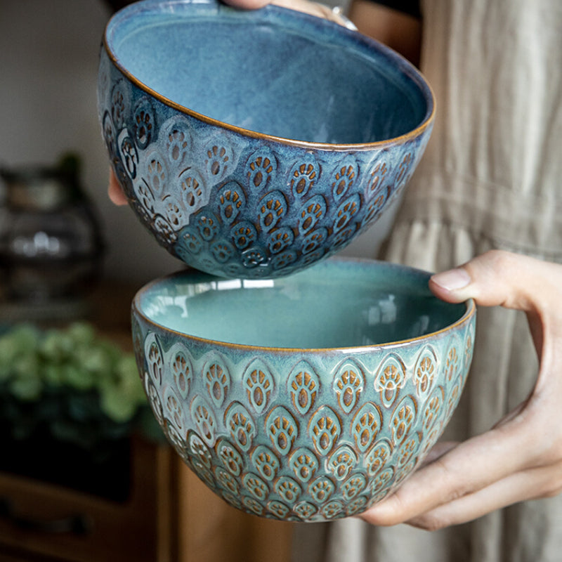 Ceramic Peacock Relief Rice Bowl Set - 5-Inch Kitchen Tableware