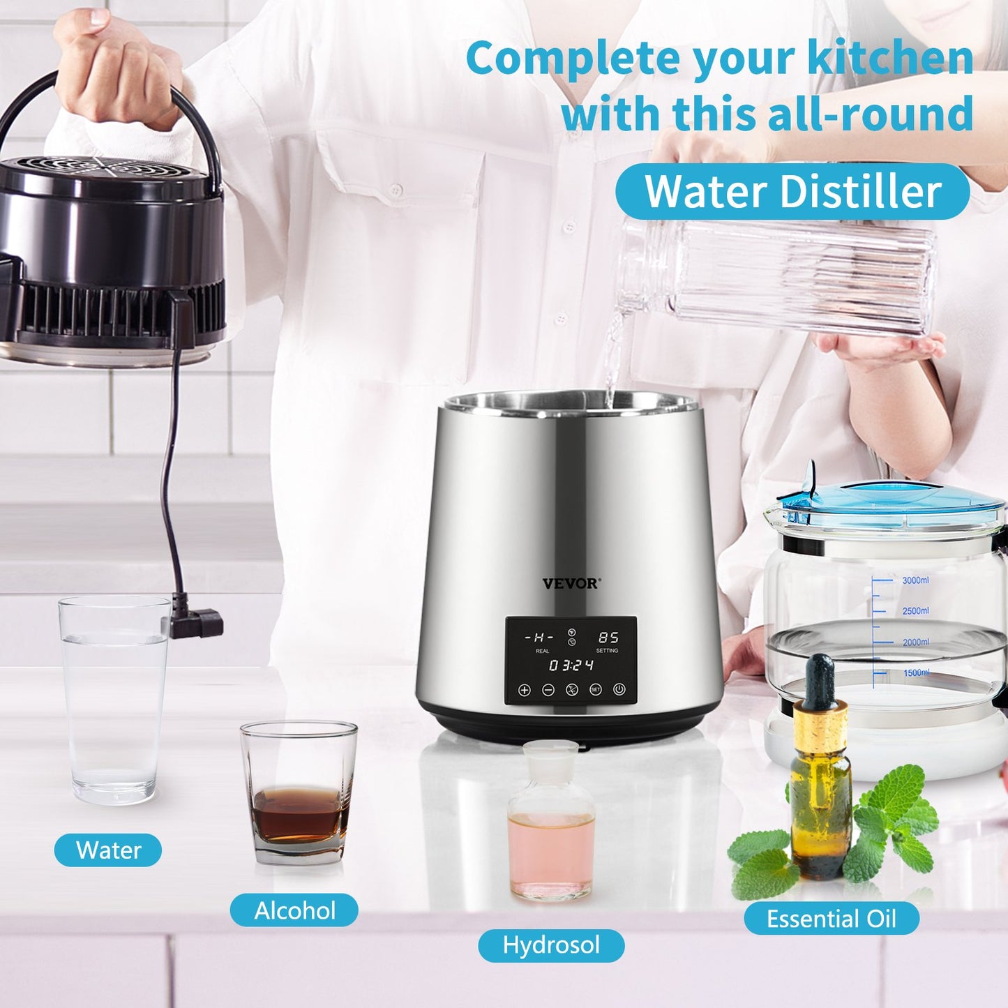 Water Distiller 1.1 Gallon Capacity, 750W Countertop Machine with Dual Temp & Timer - Silver
