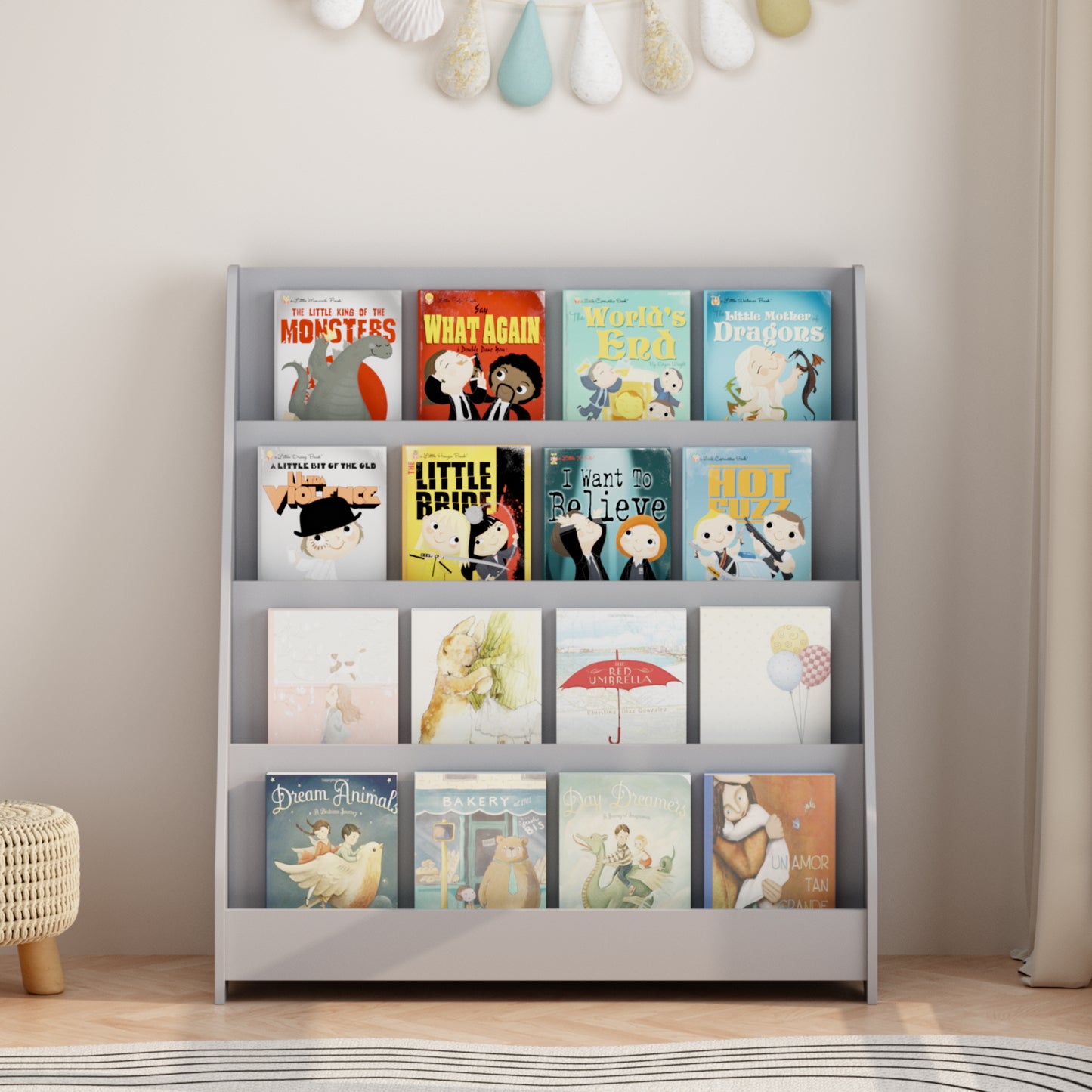 4-Tier Kids Bookshelf - Gray MDF Book Display for Bedrooms & Playrooms