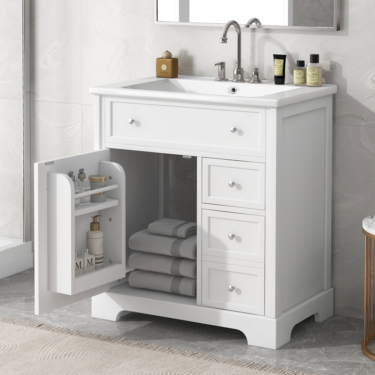 30" Bathroom Vanity with Sink Top - White Cabinet with Drawers