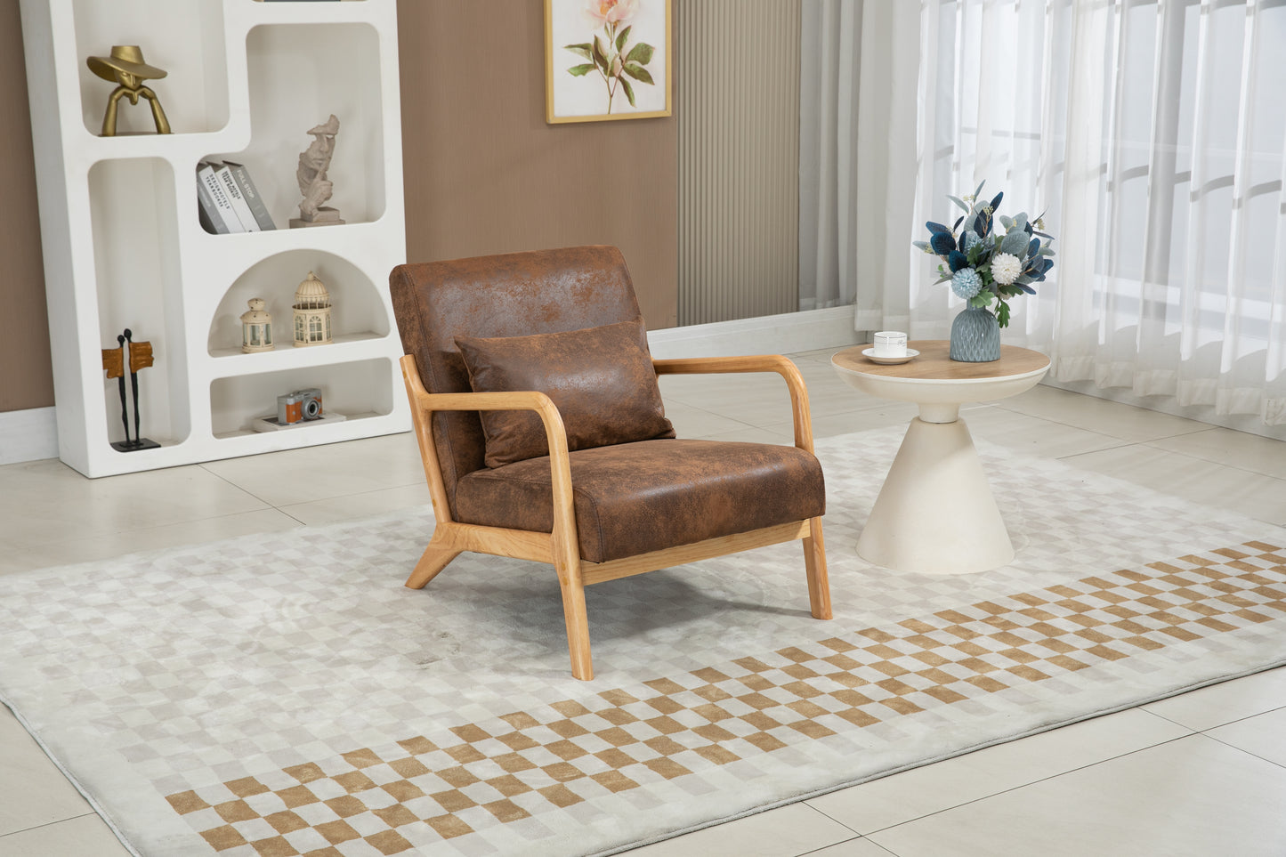 Mid Century Modern Accent Chair - Upholstered Wood Frame, Antique Brown