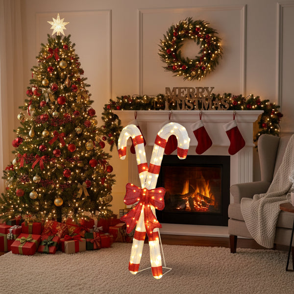 Lighted Candy Cane Christmas Decorations with Red Bow – 100 LED