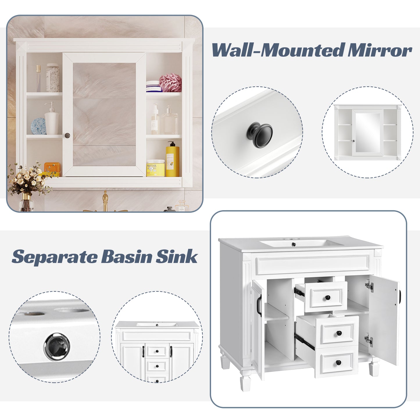 36'' Modern Bathroom Vanity with Sink & Mirror Cabinet - White