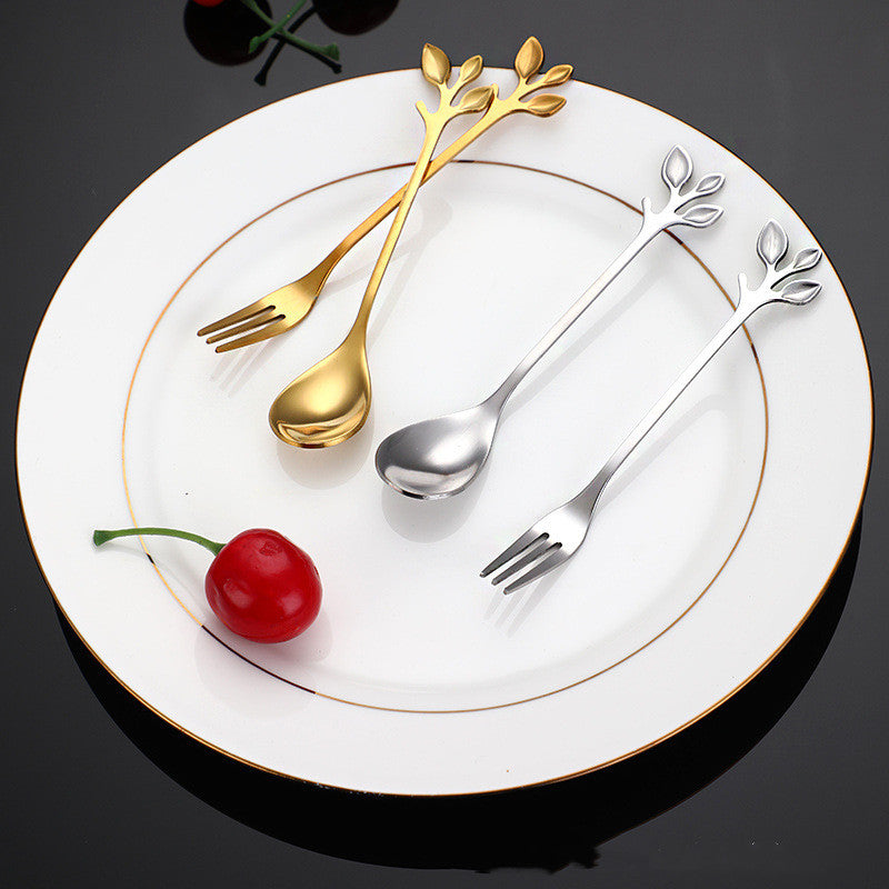 Stainless Steel Dessert Spoon & Fork Set - Creative Leaf Kitchen Utensils