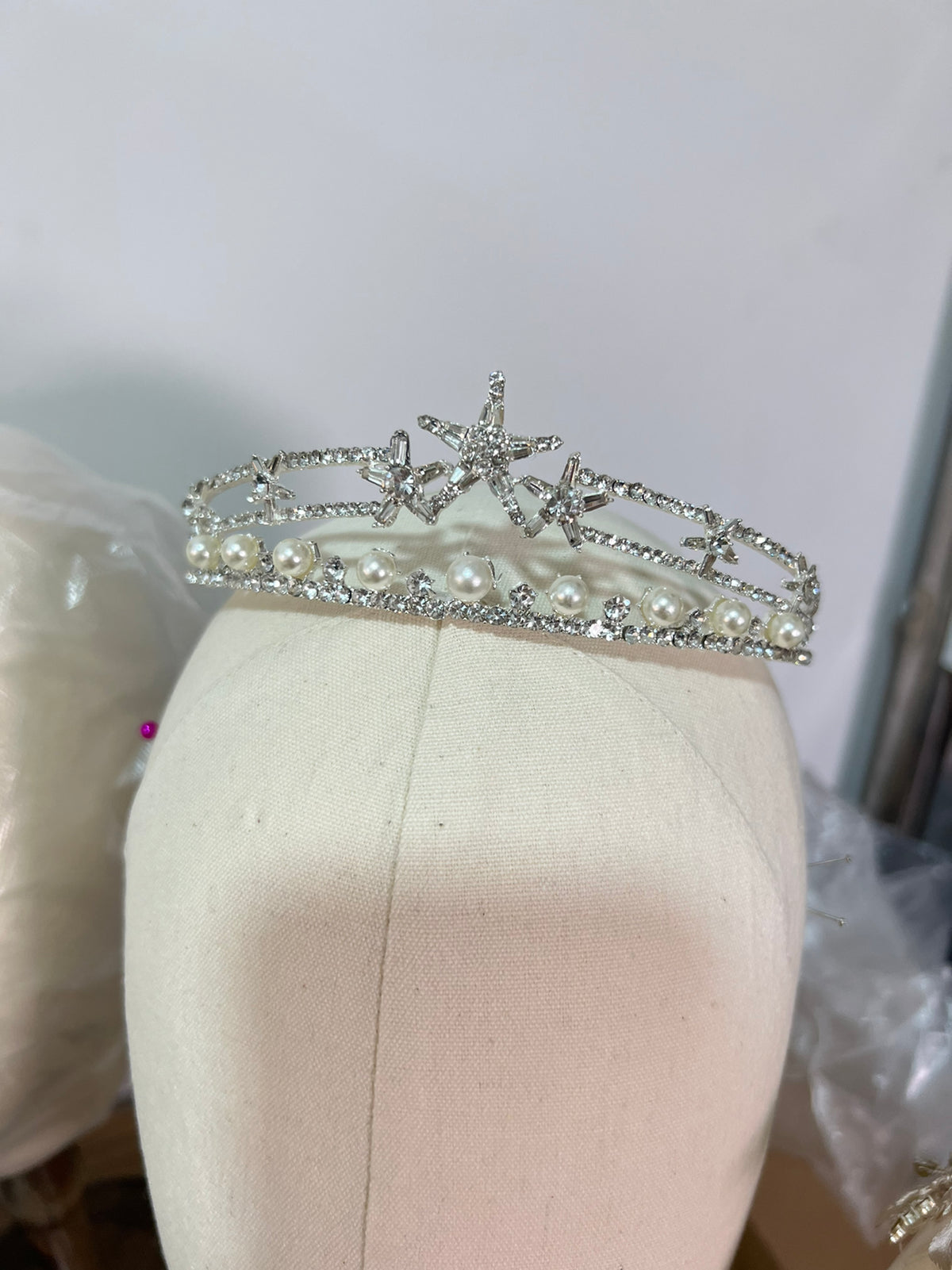 Pearl Rhinestone Crown Headband - Silver