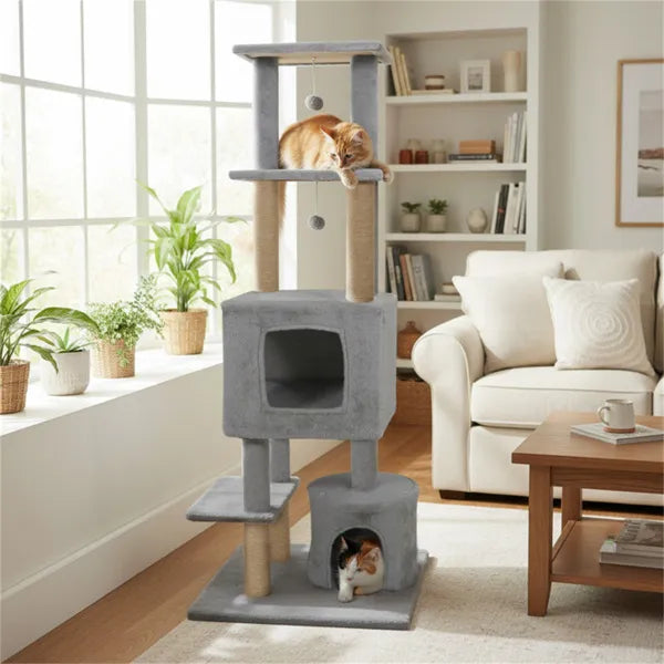 64-Inch Light Gray Cat Tower with Plush Perches & Scratching Posts