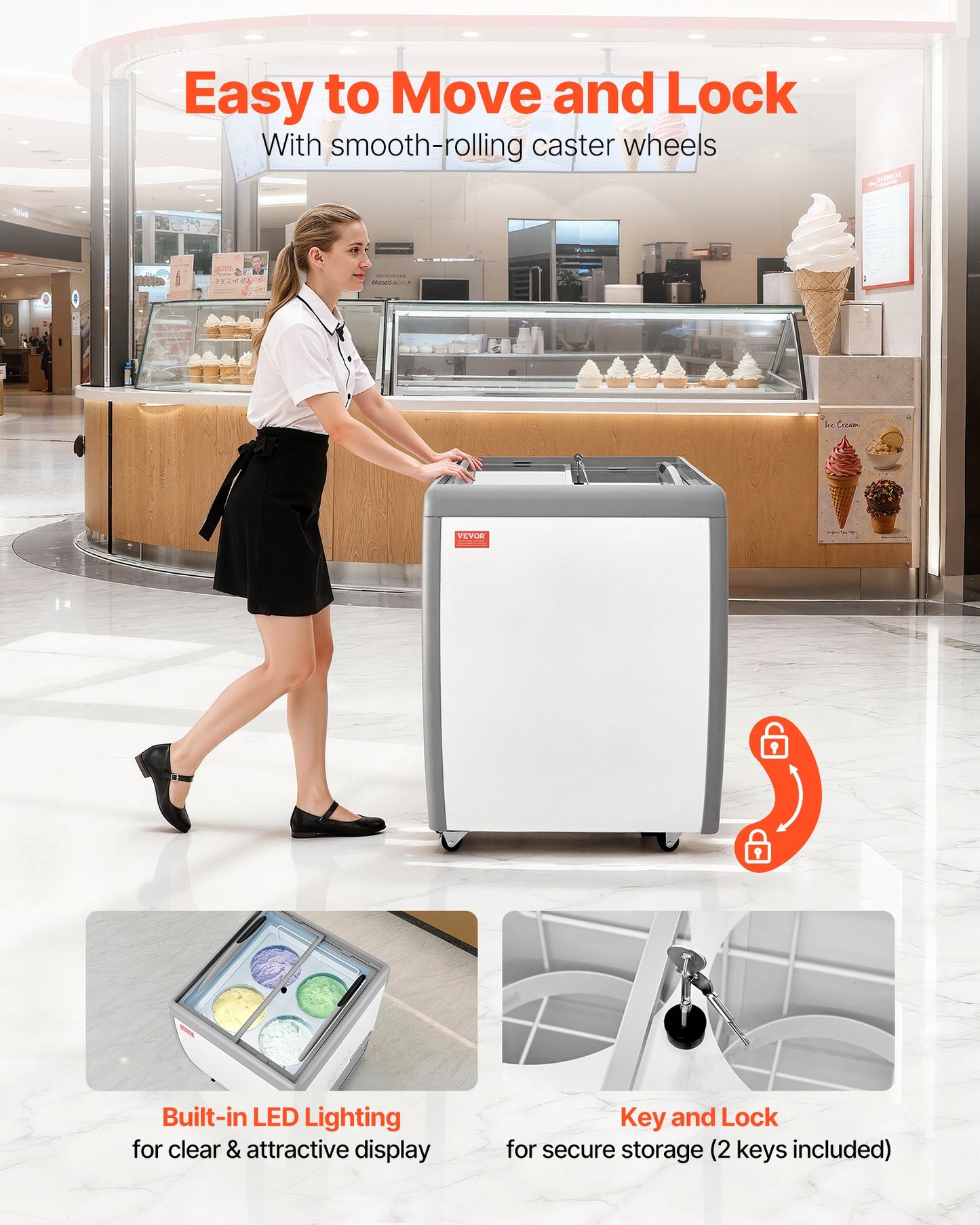 Commercial Ice Cream Display Case with Locking Casters - 5.6 Cu.ft Chest Freezer with Sliding Glass Door & LED Lighting