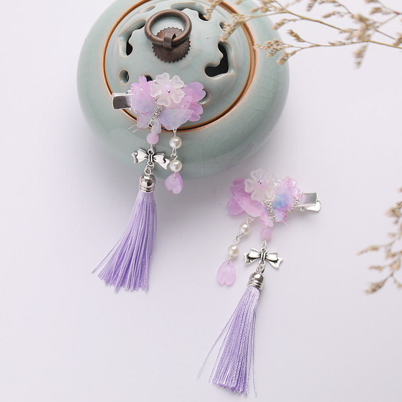 Colorful Floral Hairpin Clip Pair with Tassel
