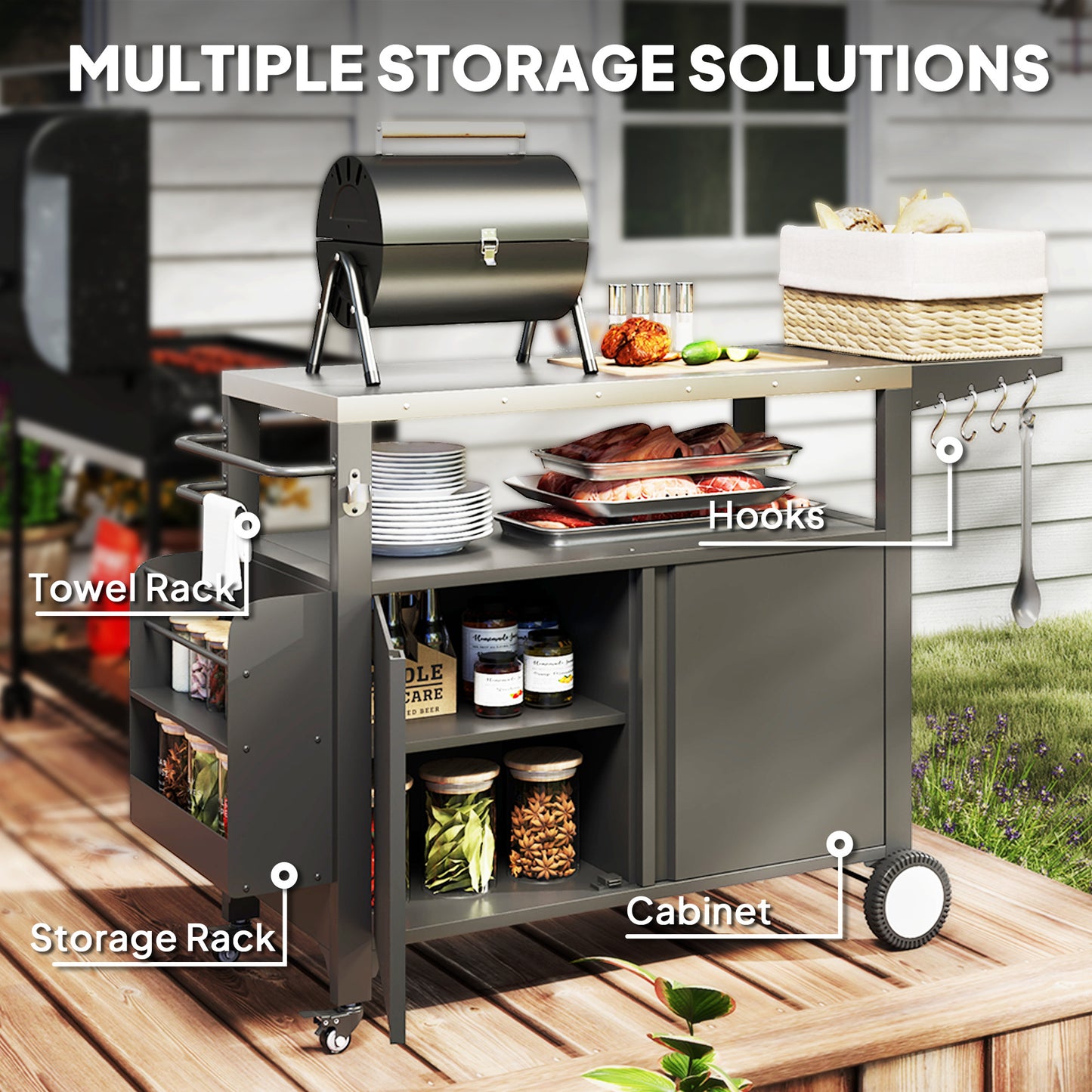 Outdoor Grill Cart with Stainless Steel Top & Foldable Side Table
