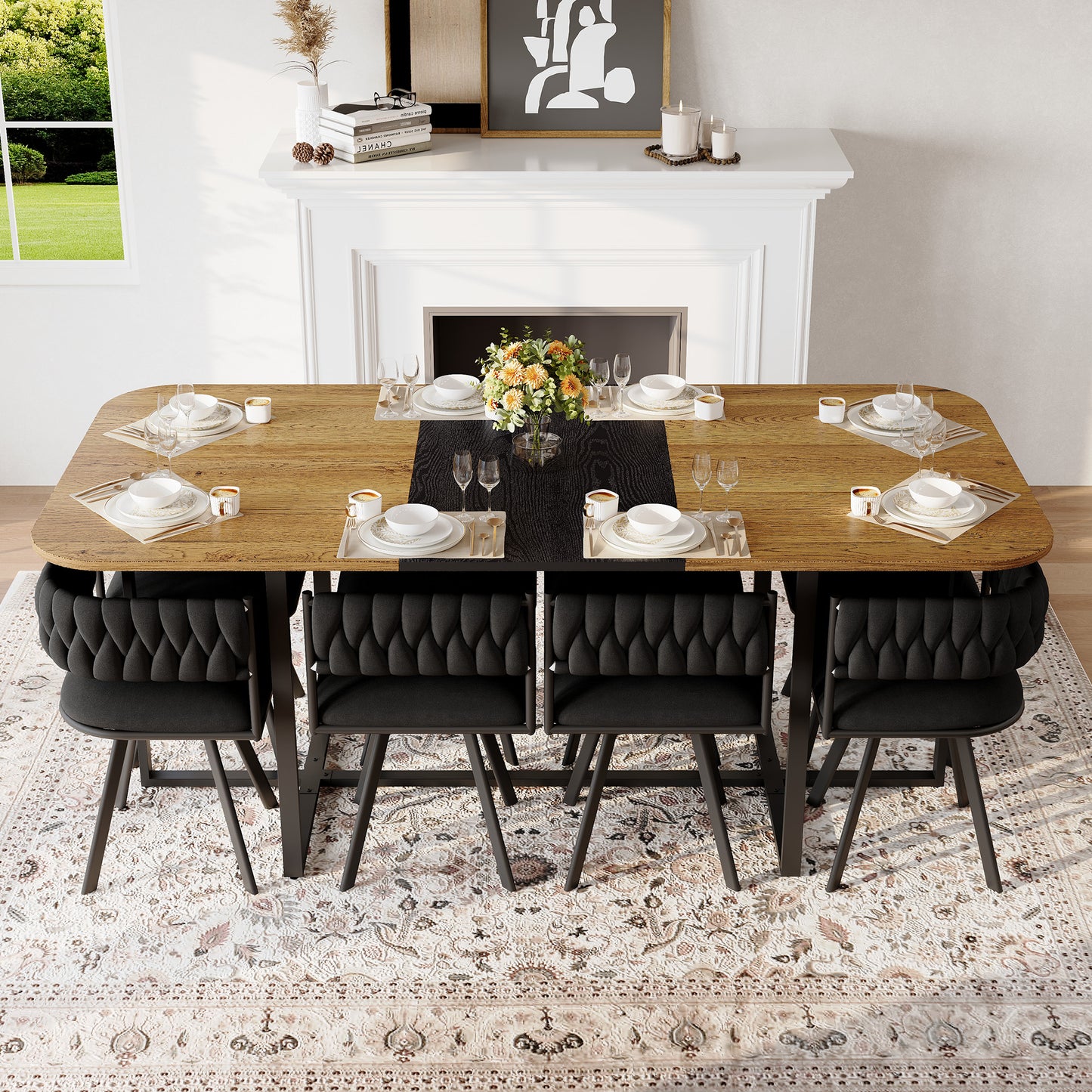 9-Piece Square Dining Table Set, Fixed Two-Tone Wood Grain & Black