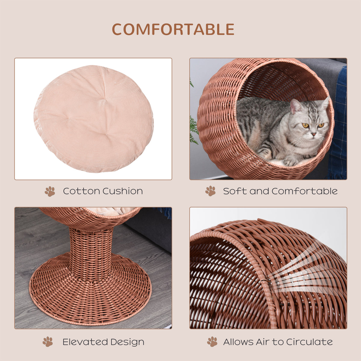 Elevated Cat Bed with Rotatable Egg Chair - Brown, 450x430mm