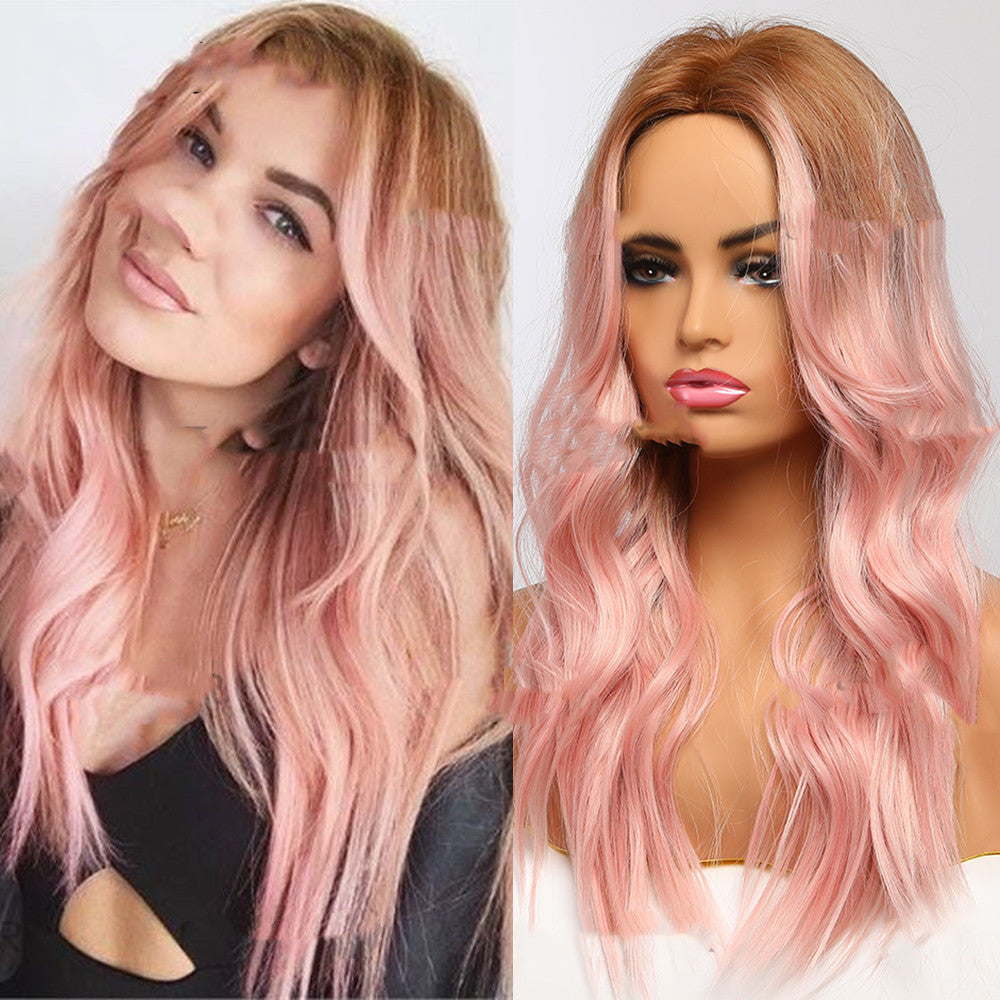 Long Curly Wig with Bangs - Gradient Pink Anime Hair Headgear for Cosplay & Daily Wear