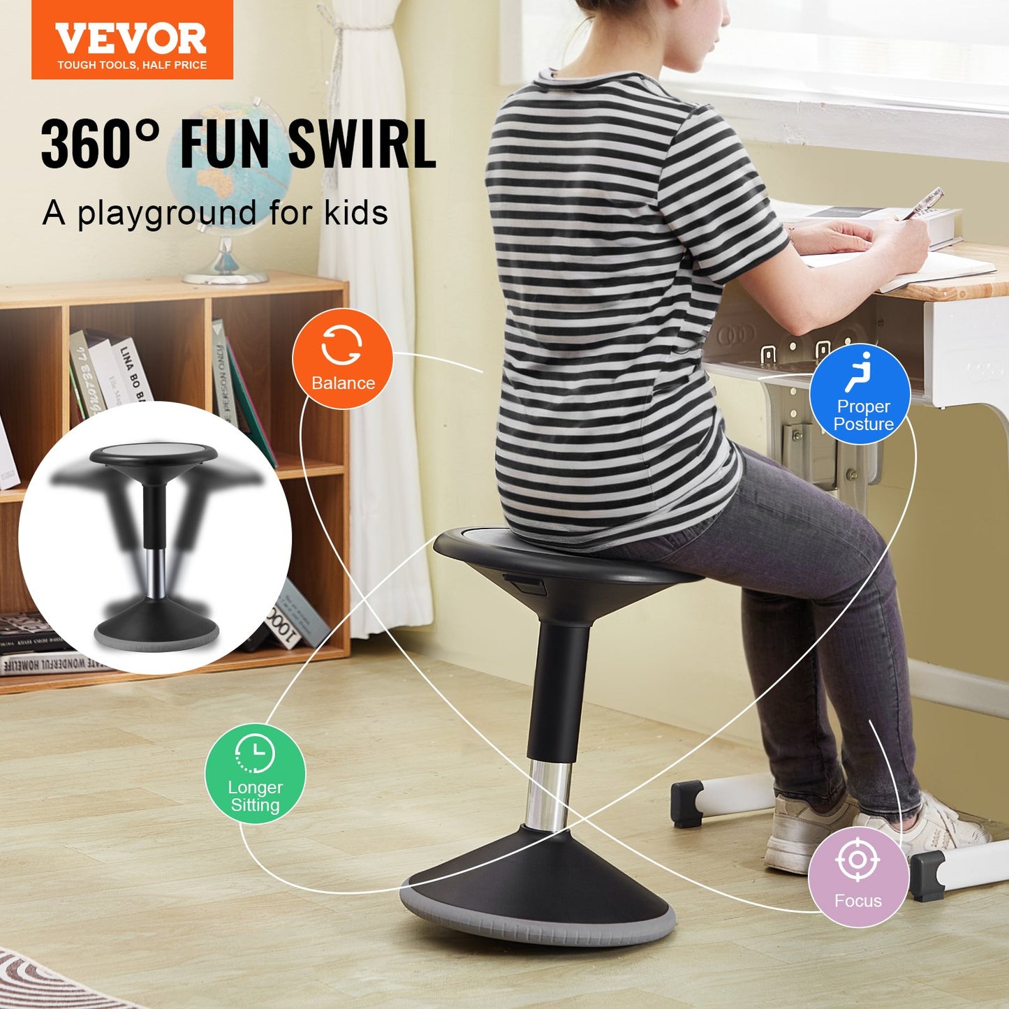 Height-Adjustable Wobble Chair for Active Sitting - Black