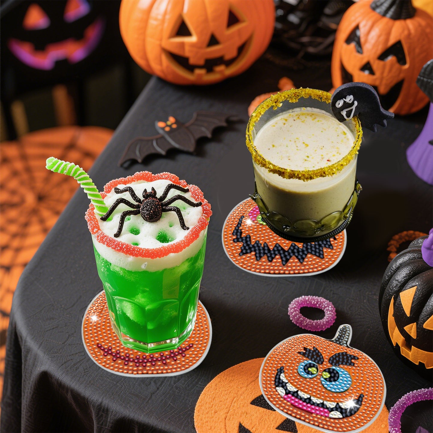 Halloween Pumpkin Rhinestone Coasters - 8 Pack