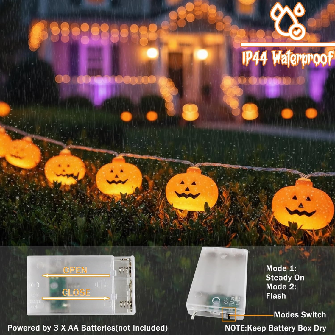 20 LED Pumpkin String Lights - 10 FT Waterproof Halloween Decor