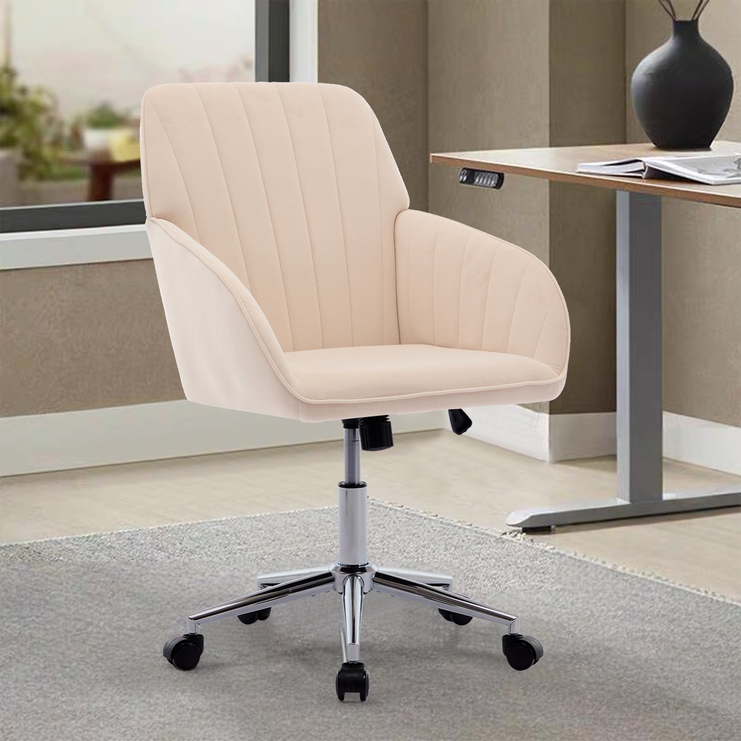 Ergonomic Adjustable Office Chair - Khaki Velvet Swivel Seat