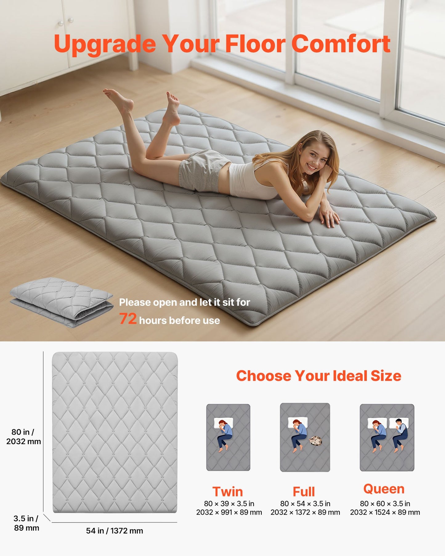 Foldable Japanese Tatami Mattress with Storage Bag - 80x54 Inch Gray Floor Mat for Sleeping & Yoga