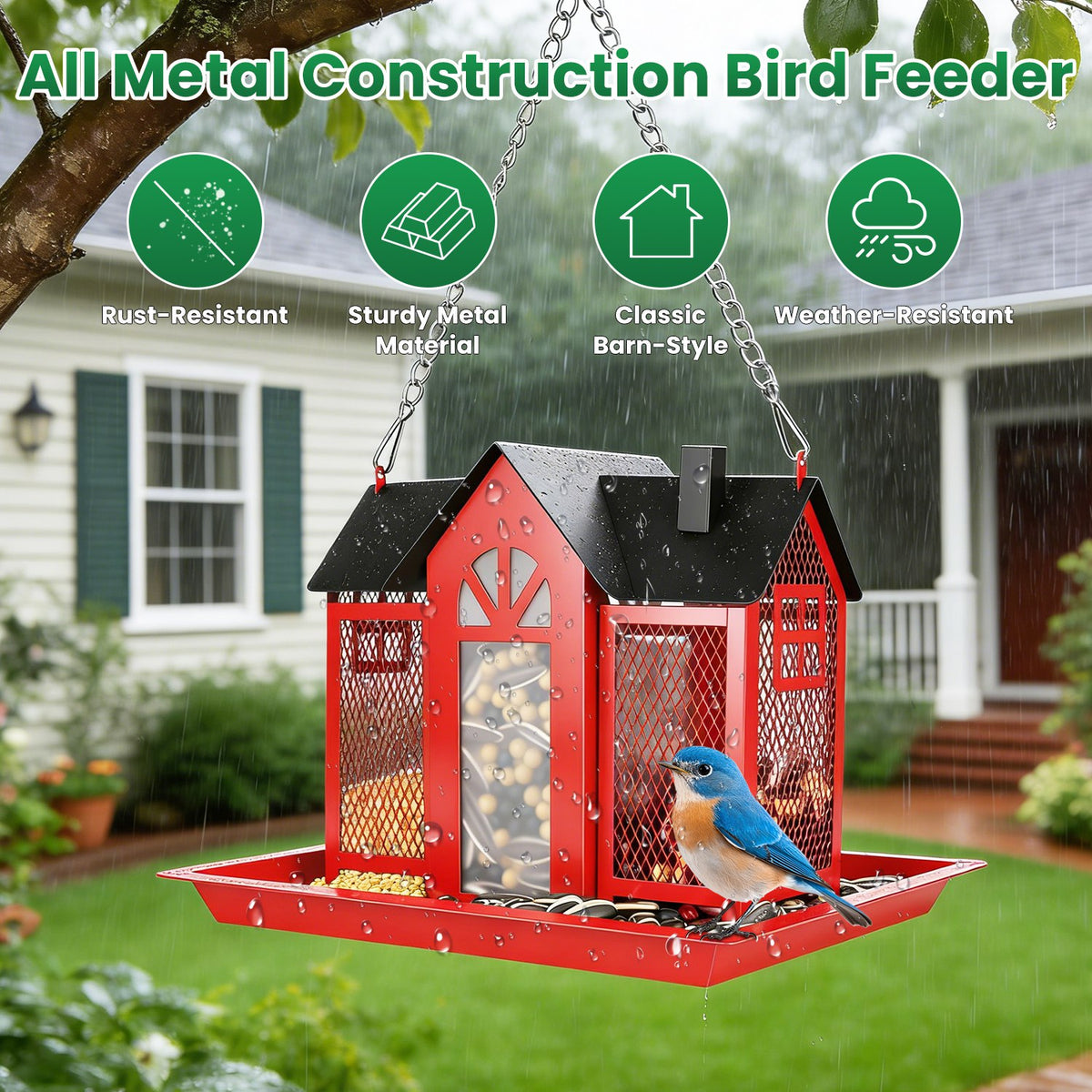 Metal Bird Feeder House with Visible Window & Lift Top - Outdoor Garden Decor