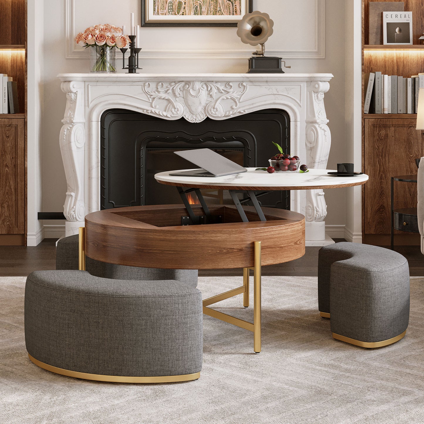 Modern Lift-Top Round Coffee Table with Hidden Storage & 3 Ottomans