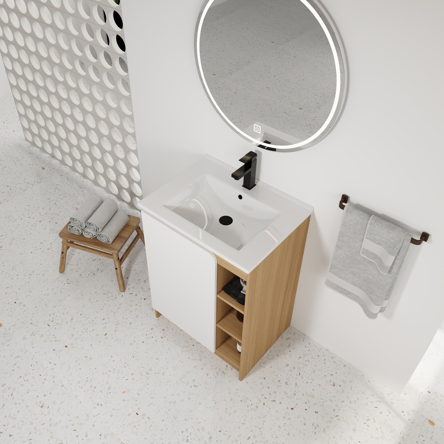 24" Light Oak Bathroom Vanity with Ceramic Sink & Open Shelves