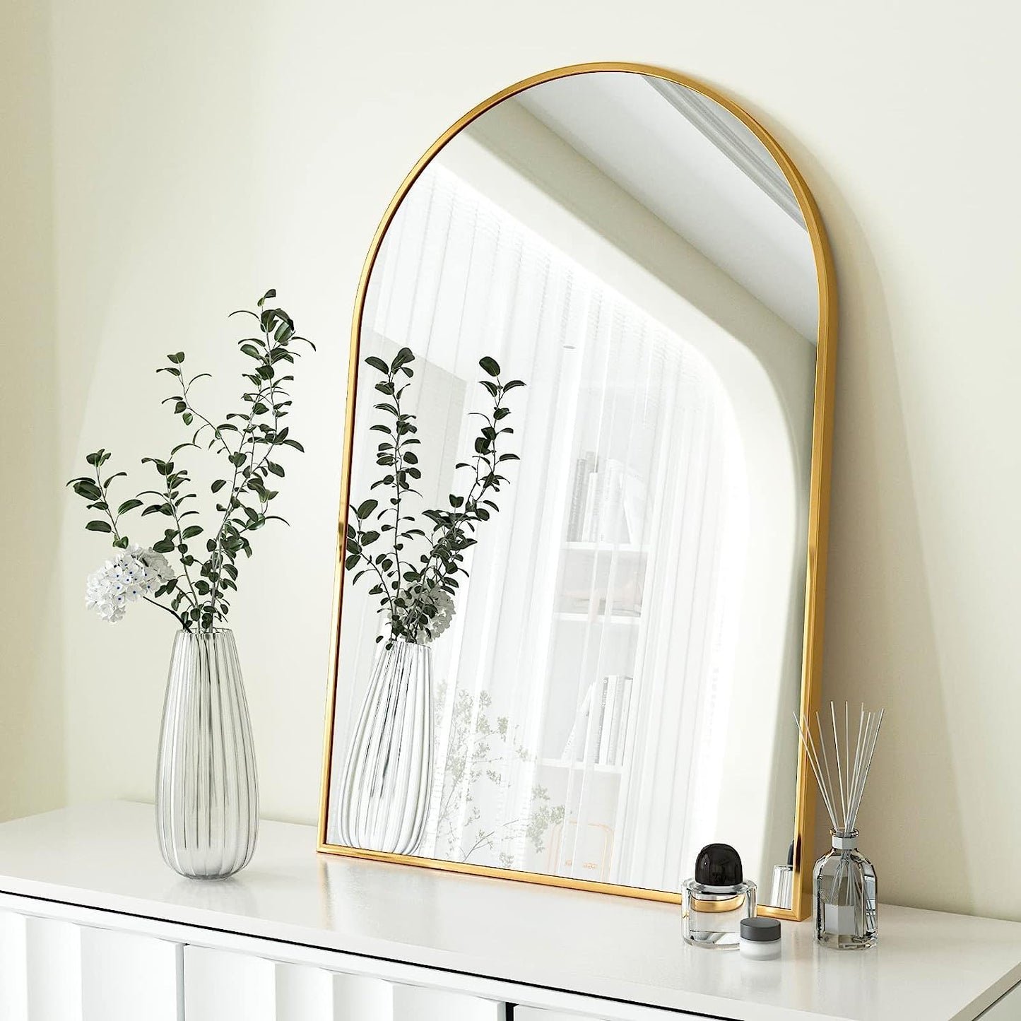 24x36 Inch Gold Metal Framed Arched Bathroom Mirror