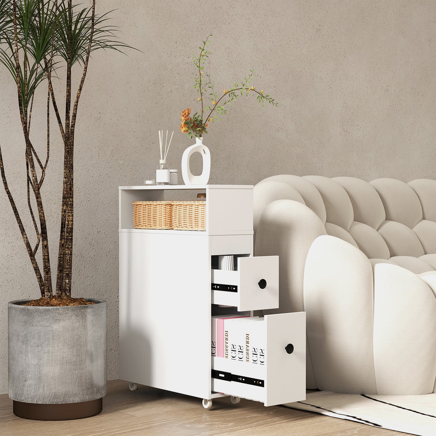 Slim Wooden Bathroom Cabinet with Deep Slide-Out Drawers
