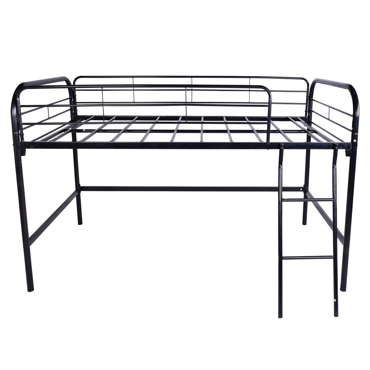 Twin Size Metal Loft Bed - Black with Full-Length Guardrails