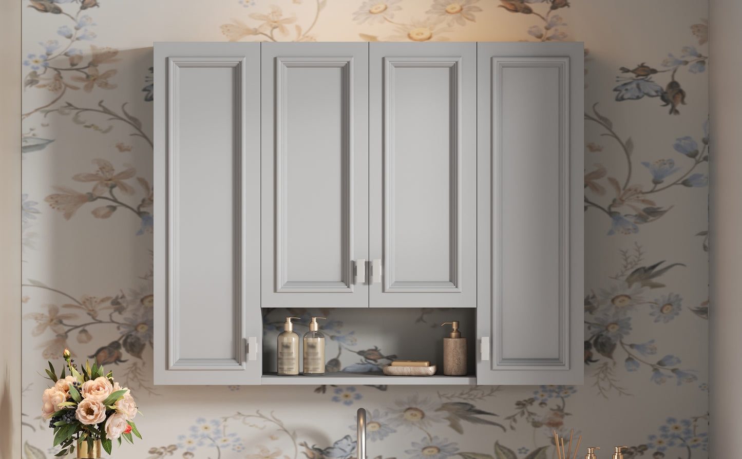 Wall-Mounted Modern Bathroom Cabinet with 5 Adjustable Shelves - Gray