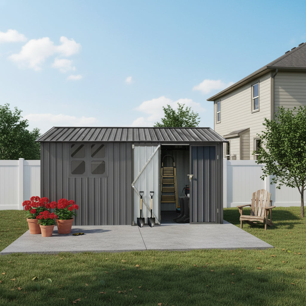 Metal Garden Shed 12x10 Ft with Window & Shelves - Grey