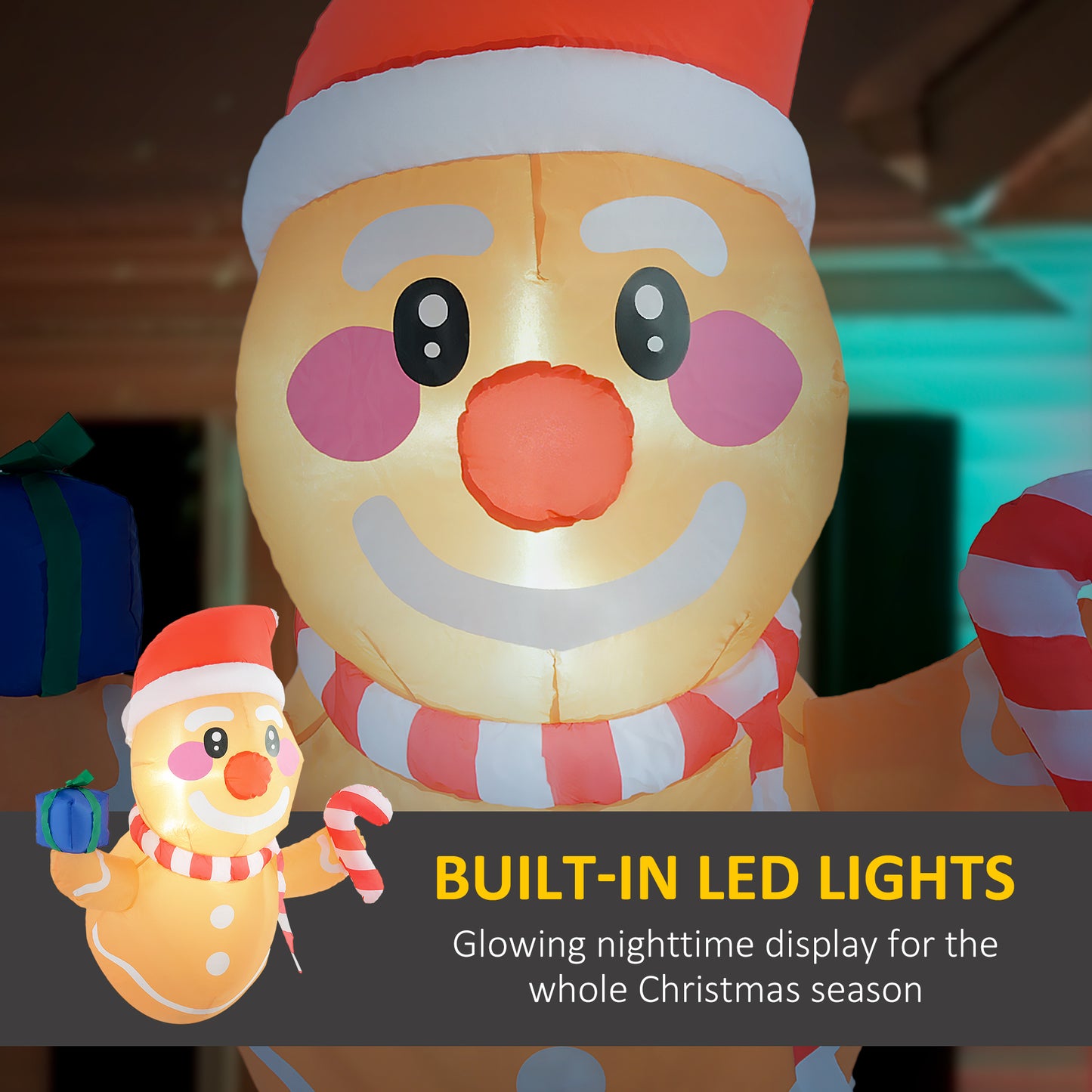 Inflatable Gingerbread Man with Gift Box & Candy Cane - LED Lights