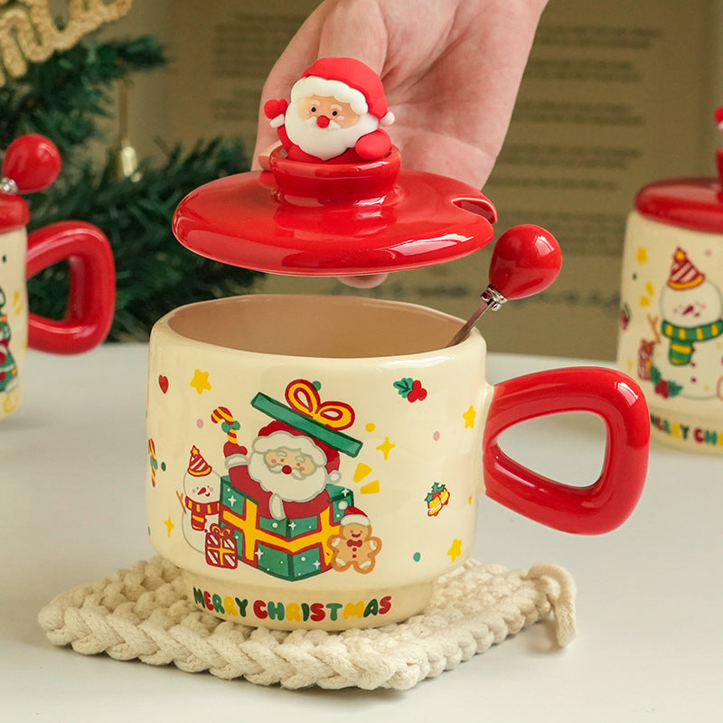 Christmas Ceramic Mug with Lid - Cartoon Holiday Drinkware, 301-400ml