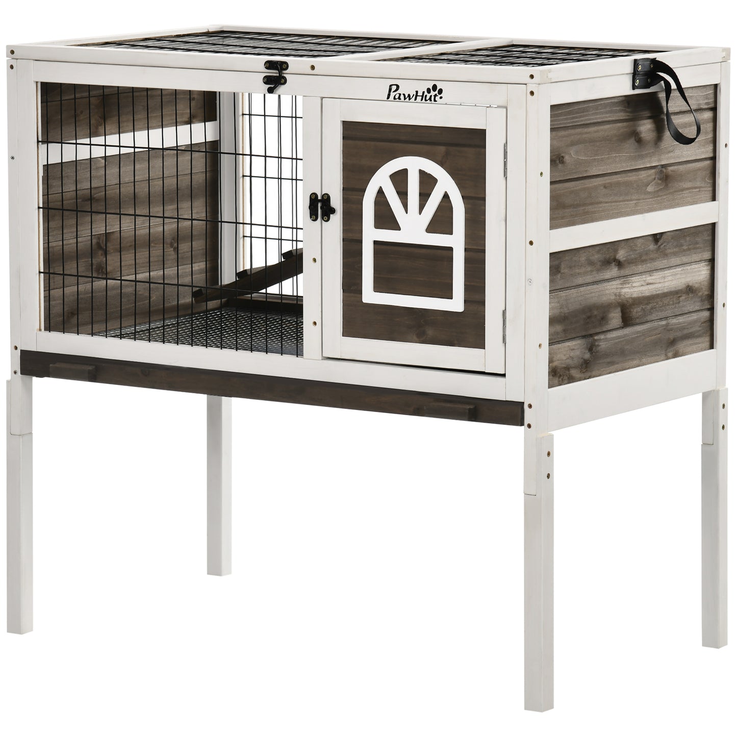 Wood Rabbit Hutch with Run - Elevated Pet Cage in Coffee Finish