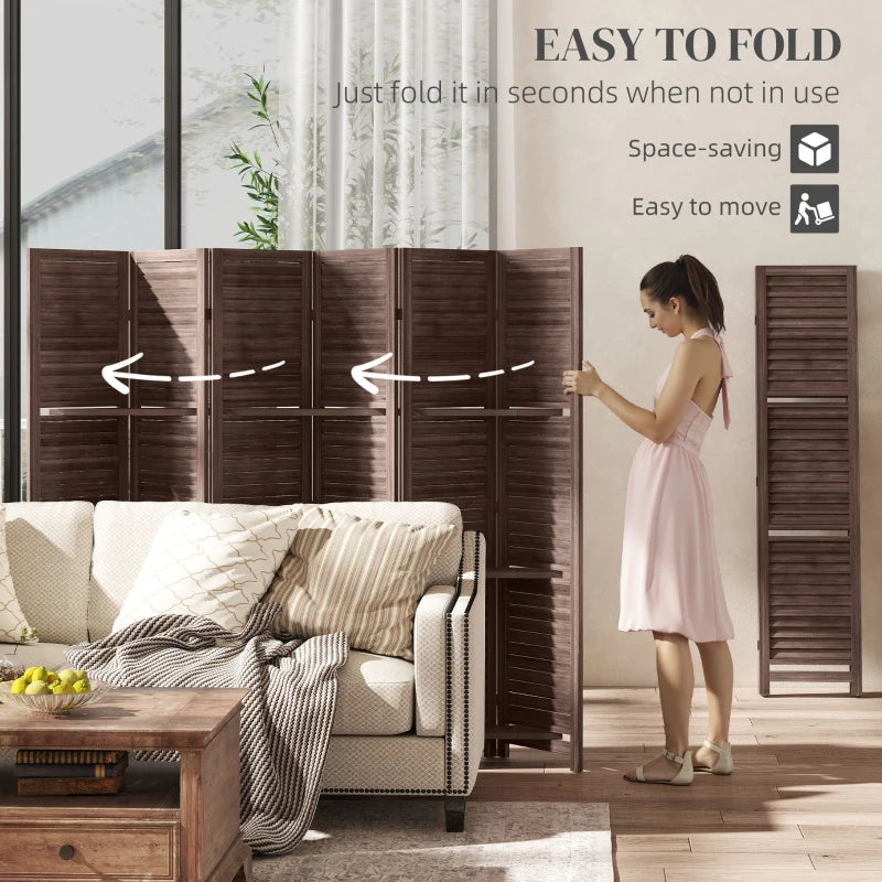 Wood Privacy Screen Room Divider with 3 Shelves - Walnut