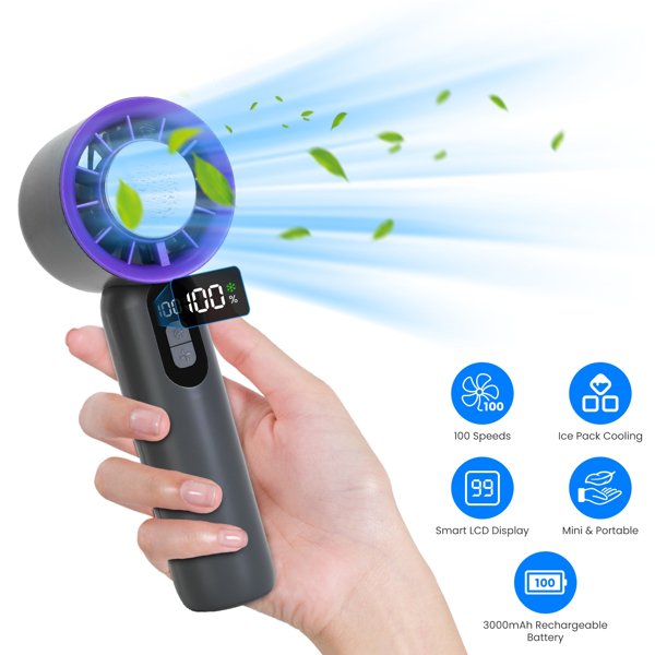 Portable Handheld Cooling Fan with Superconducting Ice Pack - Grey