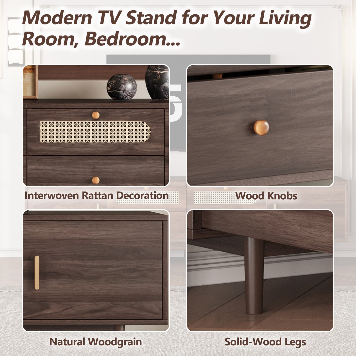 76" Modern TV Stand with Drawers for Living Room - Dark Brown