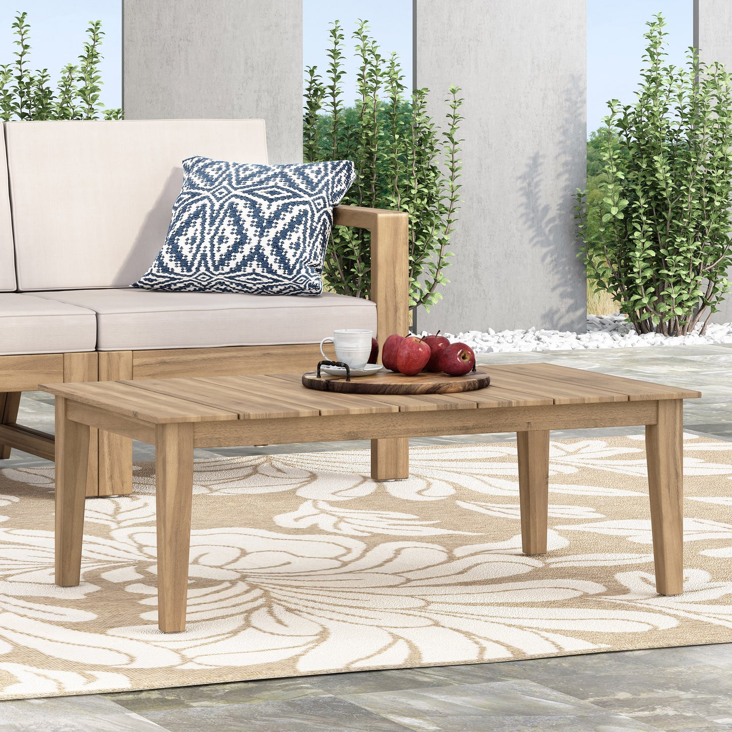 Acacia Wood Outdoor Coffee Table, Light Brown, 14 H X 23.5 W 39.5 L