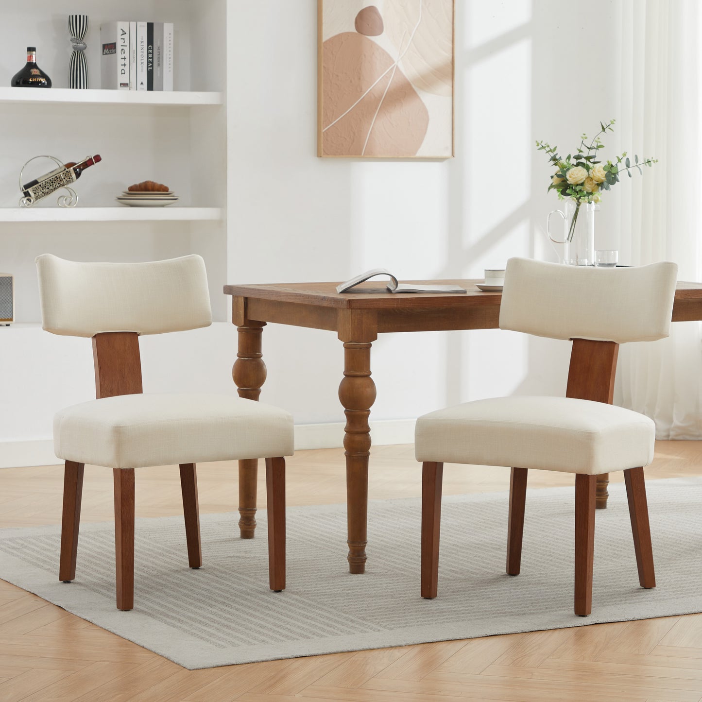 Set of 2 Modern Beige Linen Dining Chairs with Curved Backrest