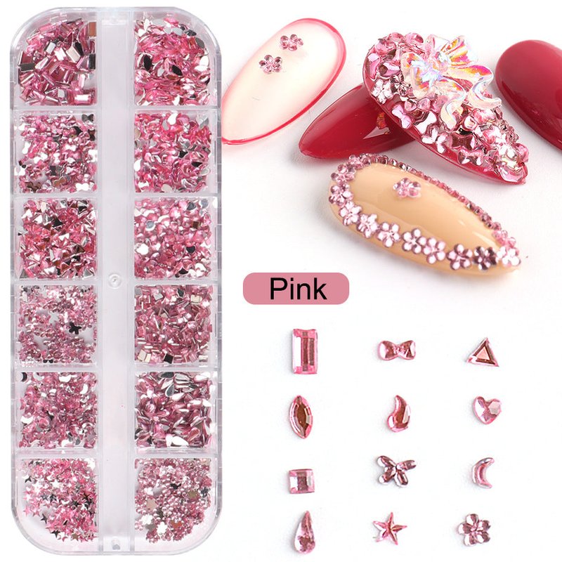 12 Grid Crystal Glass Diamond Nail Stickers Set