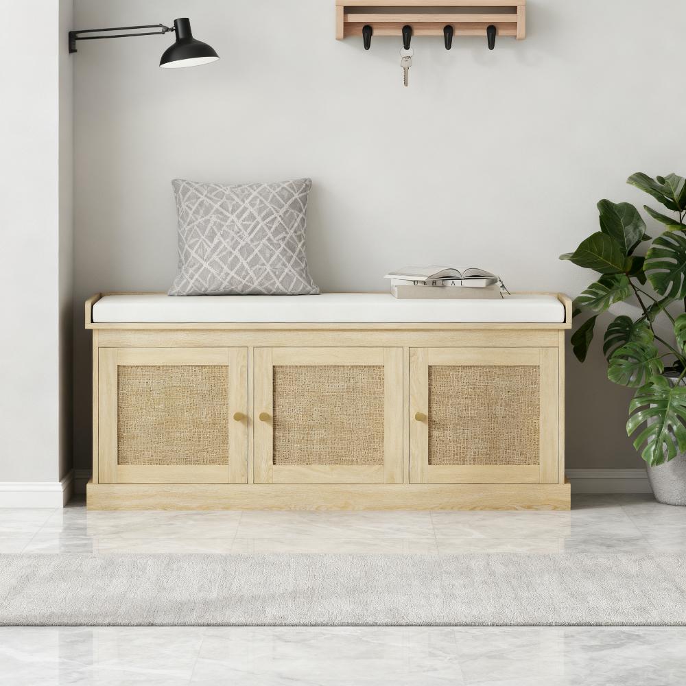 Shoe Storage Bench with Woven Rattan Doors - Cream White Oak