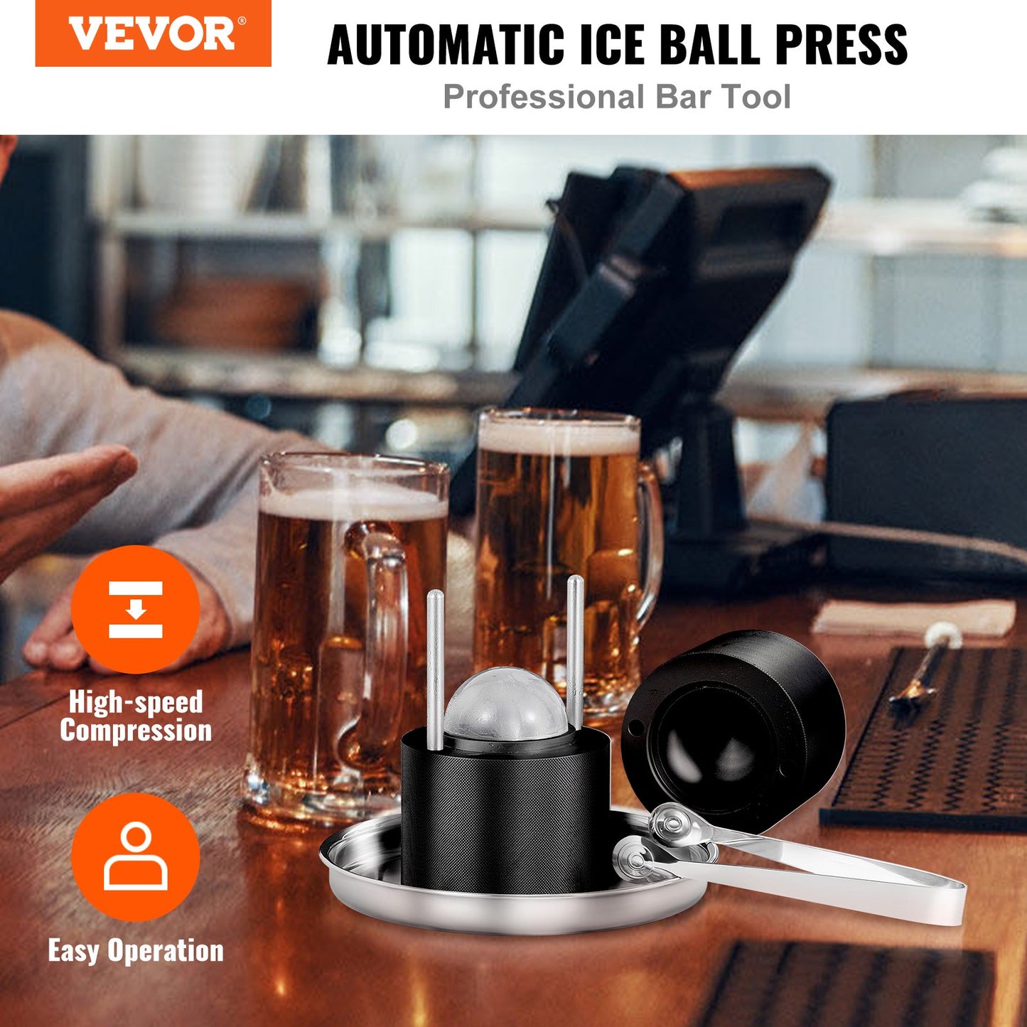 Ice Ball Maker - 2.4-Inch Press Kit with Tong & Tray - Black
