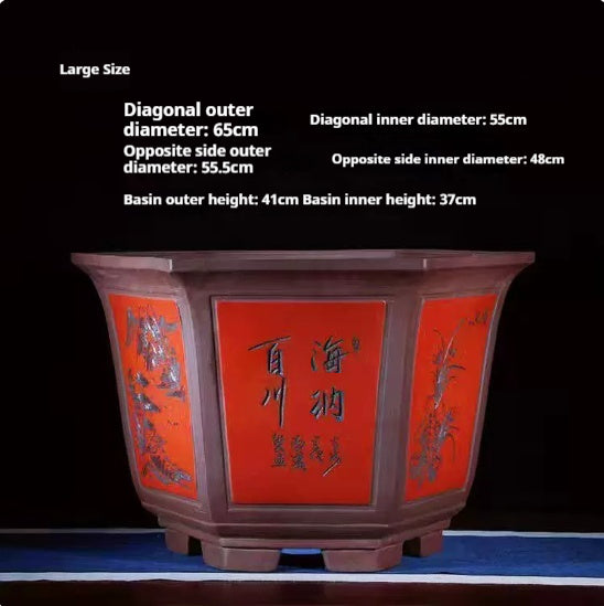 Large Hexagonal Handcrafted Yixing Zisha Flower Pot for Indoor Plants