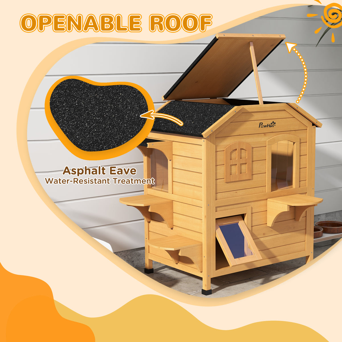 Outdoor Wooden Cat House with Escape Door Asphalt Roof 4 Platforms - Natural Yellow