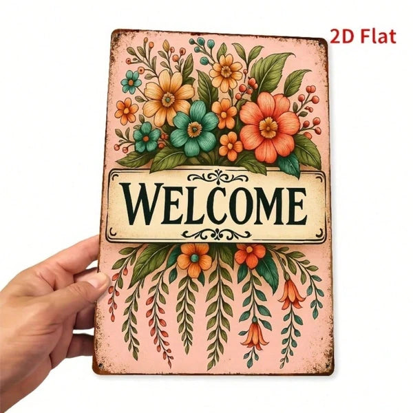 Rustic Floral Welcome Sign - 8x12 Inch Metal Wall Art