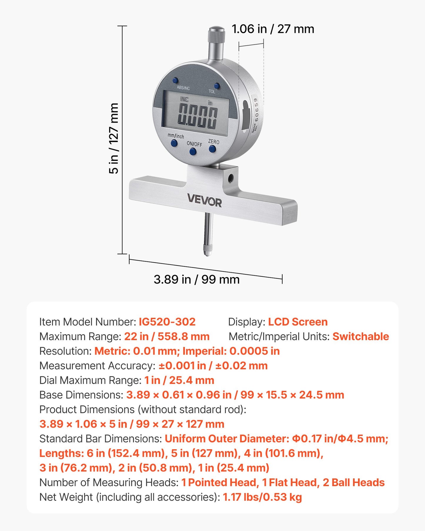 Digital Depth Gauge Micrometer 0-22 Inch Range, Precision Electronic Indicator