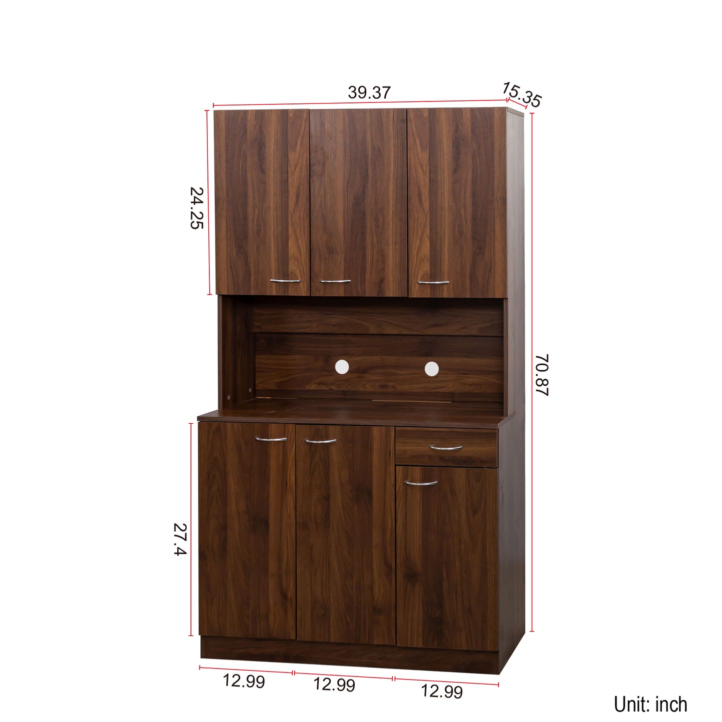 70.87" Tall Walnut Wardrobe & Kitchen Cabinet with 6 Doors, 1 Drawer & Open Shelf