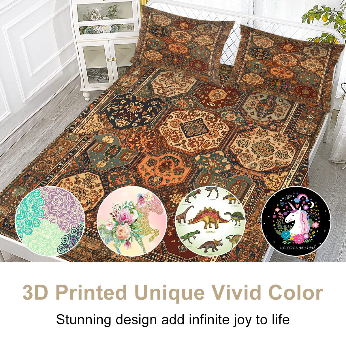 4-Piece Bohemian Geometric Bedding Set - Fitted Sheet & Pillowcases