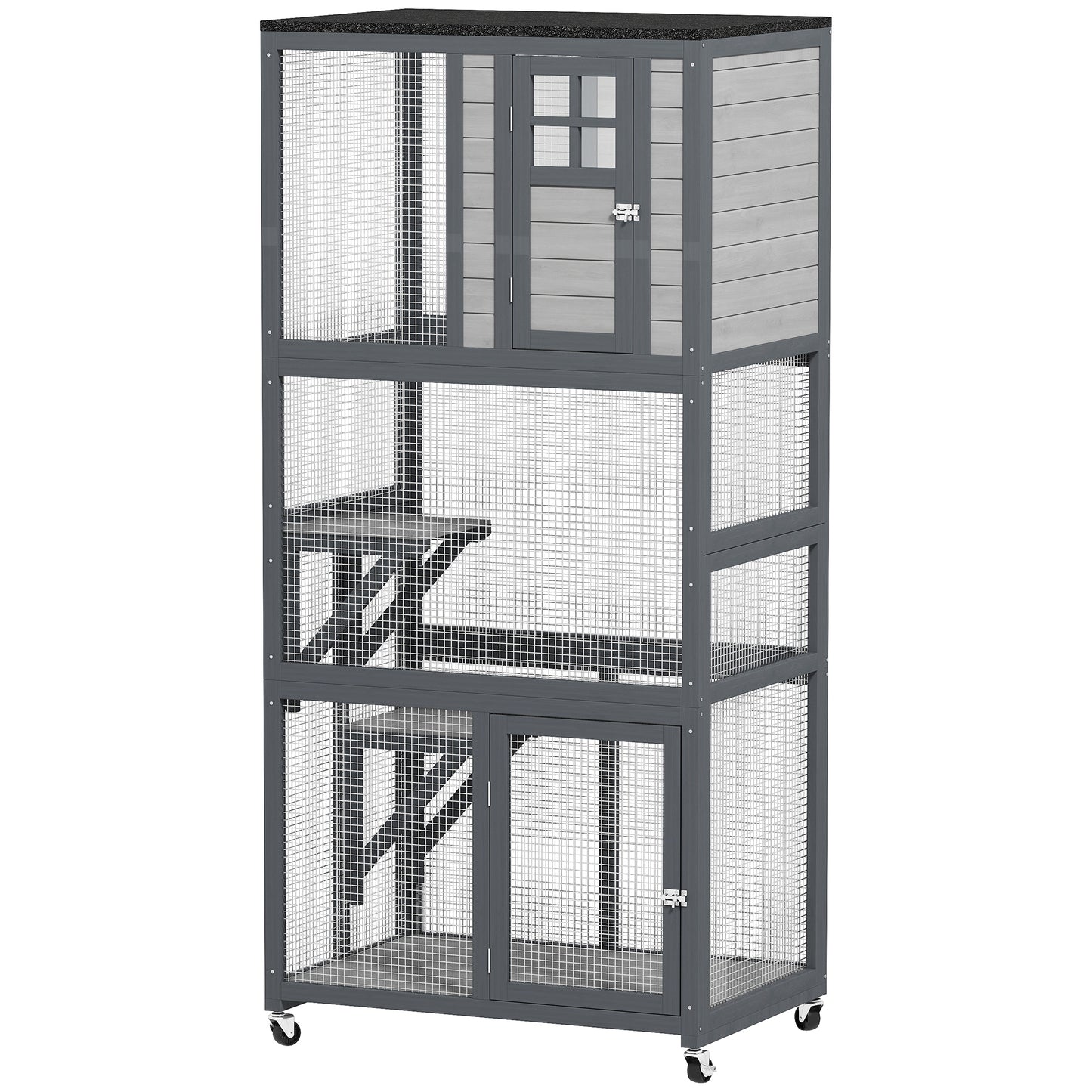74-Inch Wooden Outdoor Cat House with High Weight Capacity and Weatherproof Design - Dark Gray