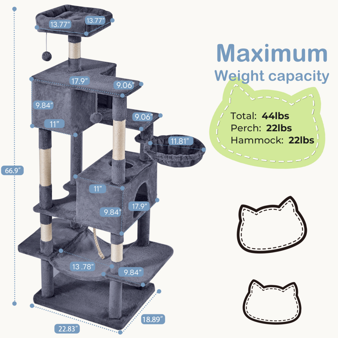 Large 66 Inch Multi-Level Cat Tree Tower with Condos & Hammock - Indoor Pet Furniture